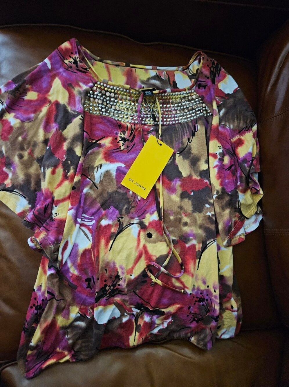 St. John Embellished Floral Print Women's Top - Butter Multi $395 Nwt